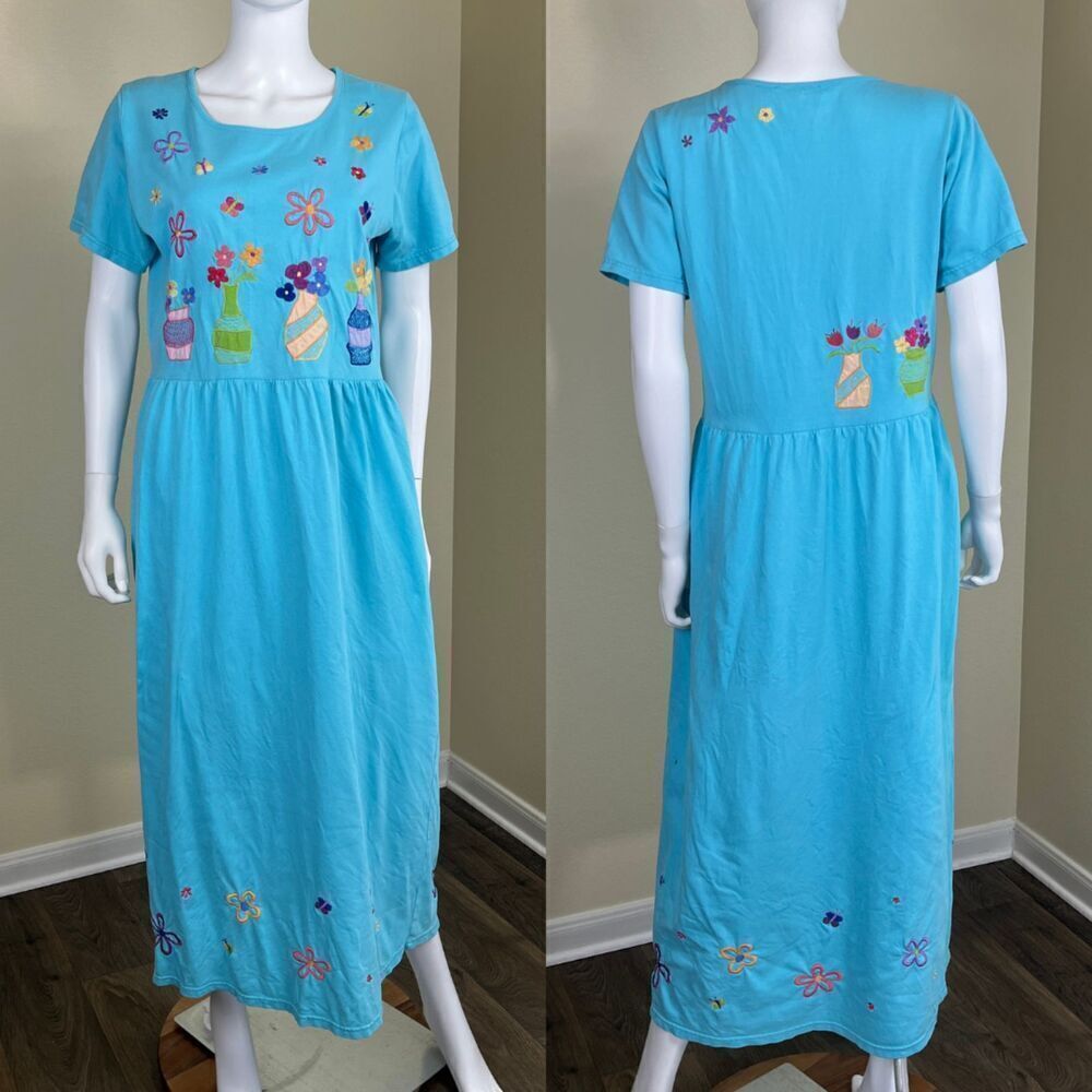 Michael Simon Lite Women's Size M Blue Cotton Floral Embroidered Maxi Dress VGT - Picture 1 of 13